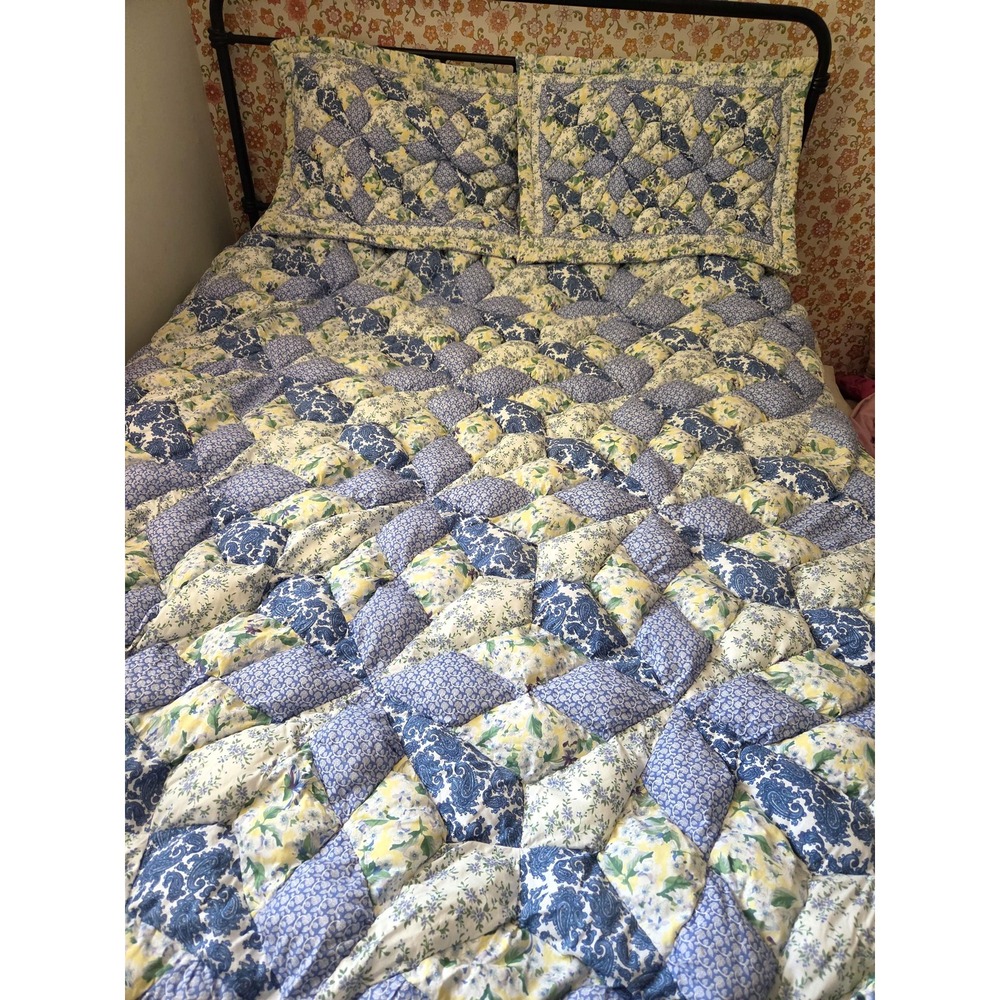 Vintage Puffy Patchwork Comforter & 2 Shams Blue Yellow Floral Bedding Set